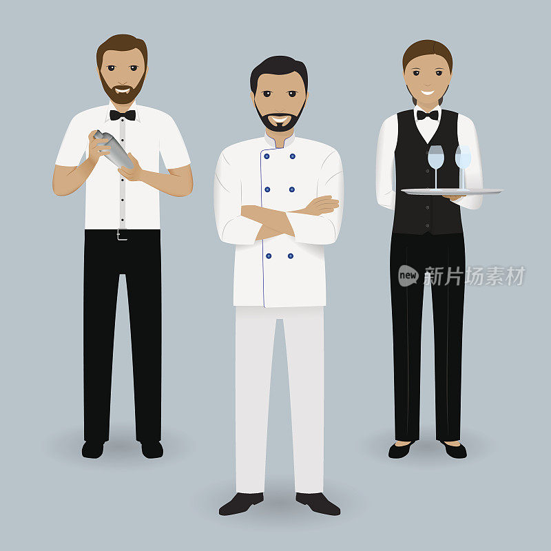 Chef cook, waitress in uniform and barman standing together. Restaurant people characters.